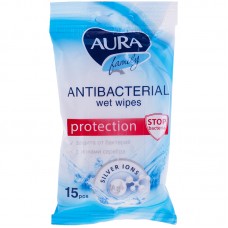 Влажные салфетки 15 шт. антибактериальные Aura